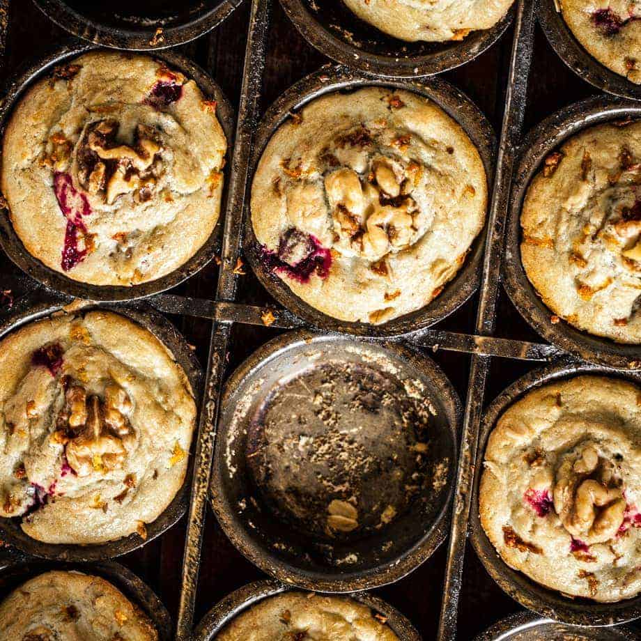 Looking down on full muffin tin with one missing