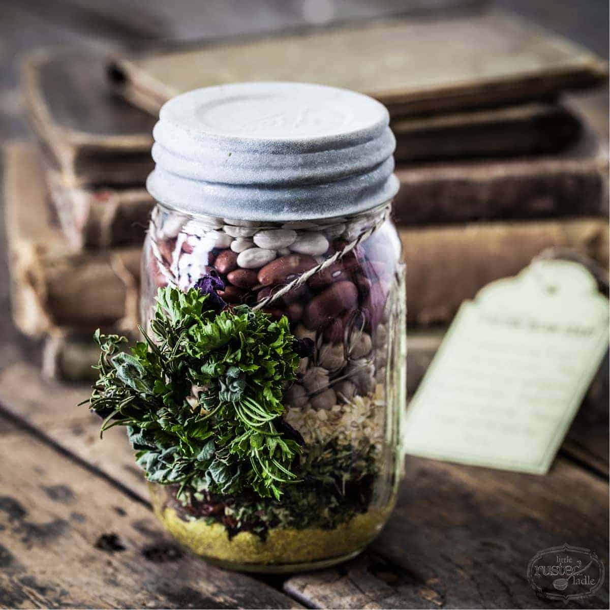 Mini Herb Wreath on soup mix jar. Herb wreath to put in soup. 