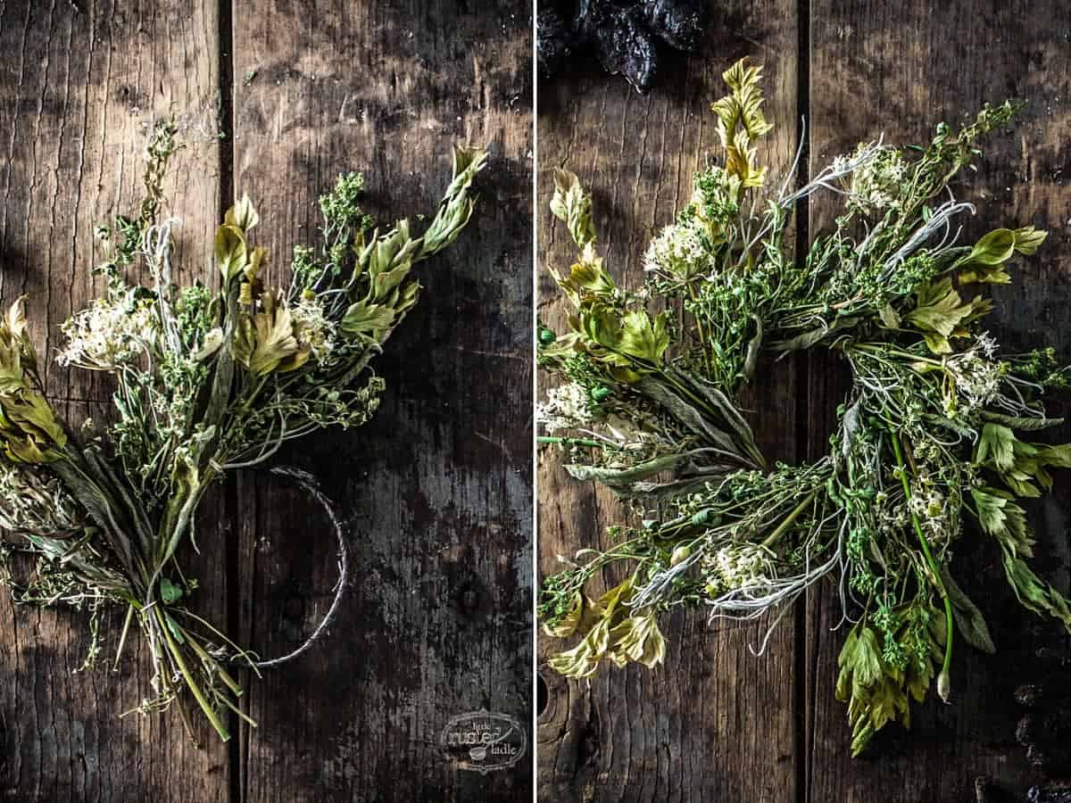 Herb Wreath Craft being constructed with six herb bouquets