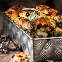 Thanksgiving Stuffing Pull Apart Bread in decorative tin