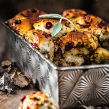 Thanksgiving Stuffing Pull Apart Bread in decorative tin