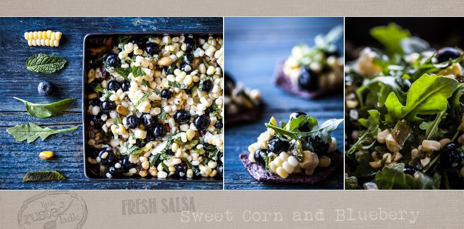 Banner photo of ingredients picture, finished salsa on a blue corn chip and the blueberry sweet corn salsa salad. 