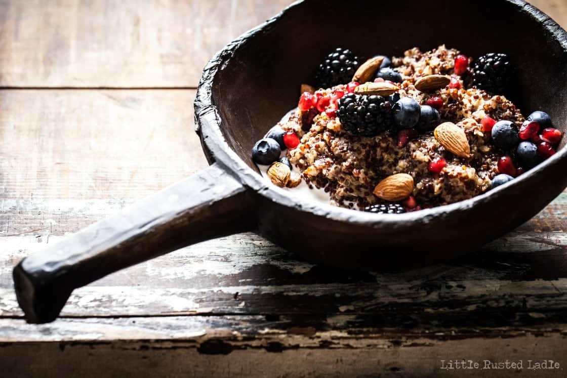 ancient grains quinoa cockpot oatmeal in cast iron bowl