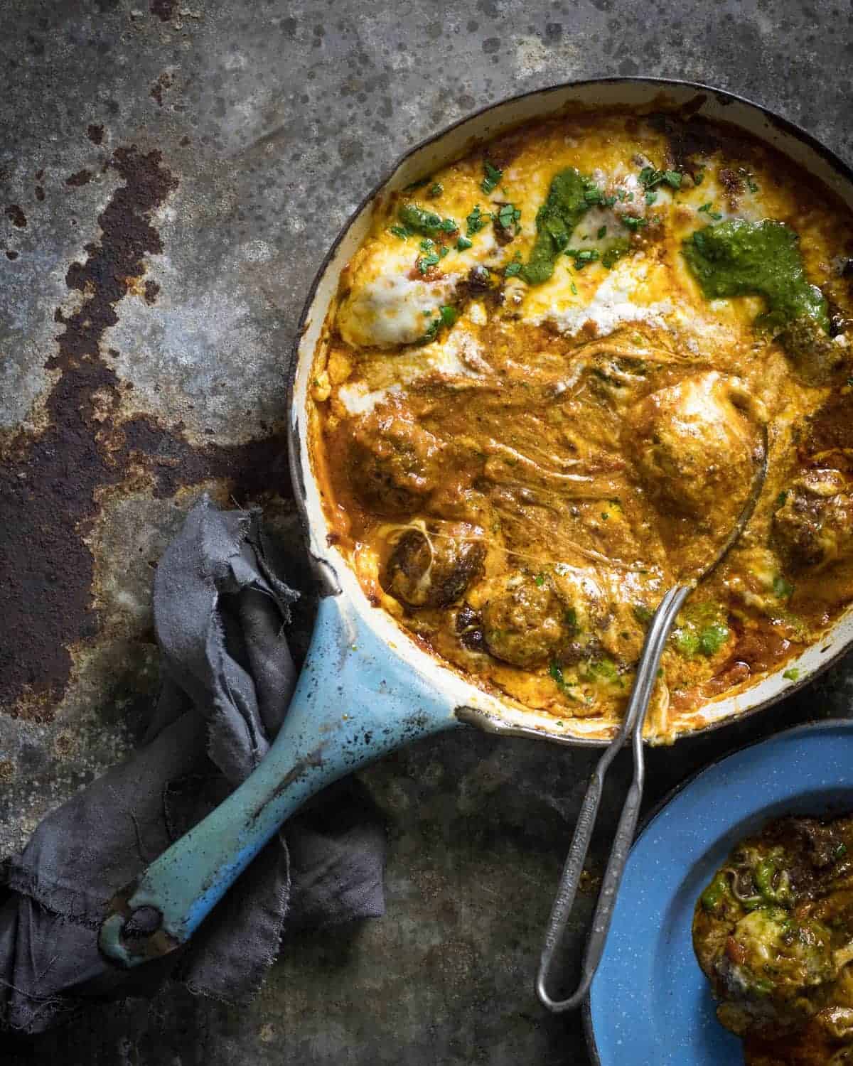 Overhead Food Photography of Mediterranean Saucy Meatball Bake Recipe