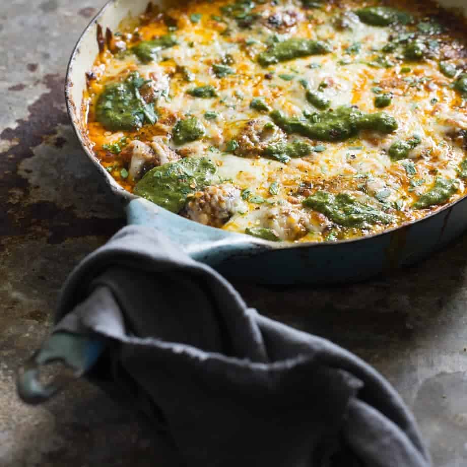 Detail of Mediterranean Saucy Meatball Bake Recipe in Rustic Pan - Moody Food Photography