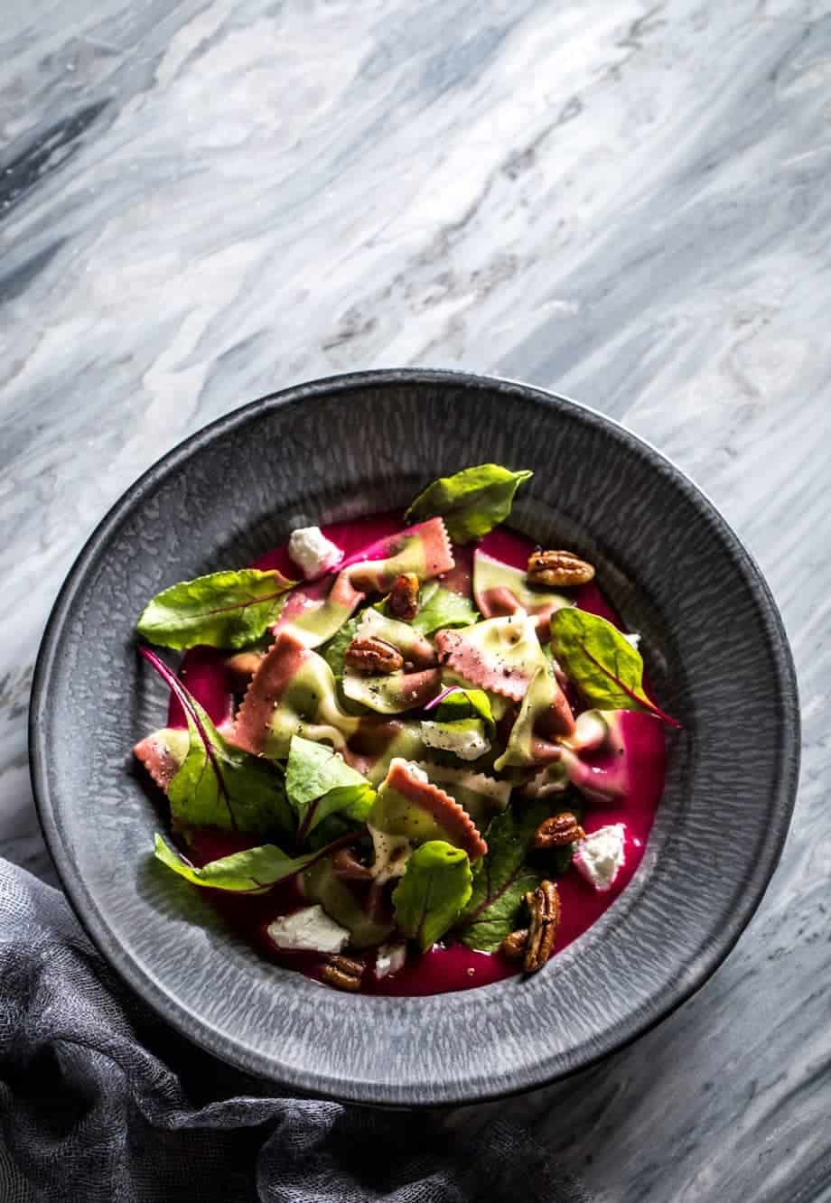 Overhead full bowl of Triple Beet Soup