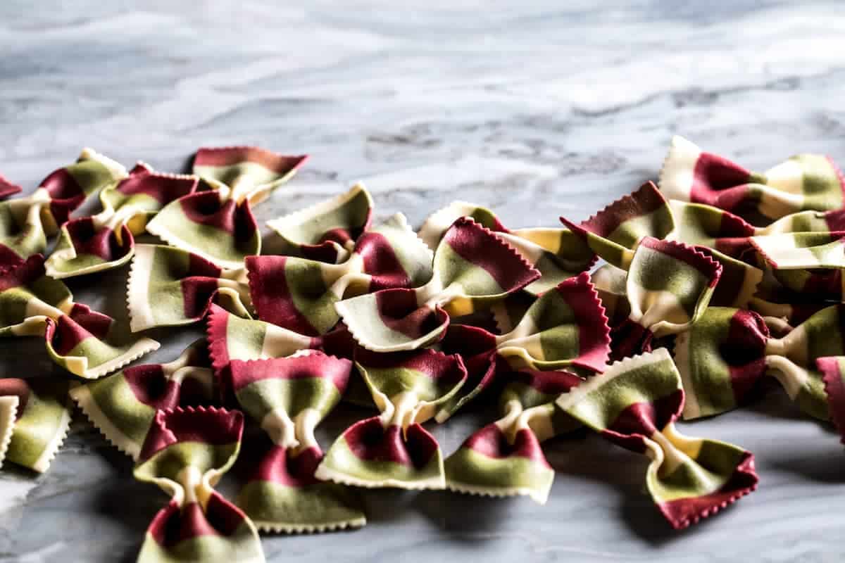 Tri-color bow tie pasta made with beets