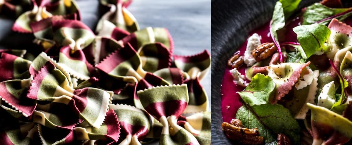 Beet bow tie pasta and overhead beet soup. 