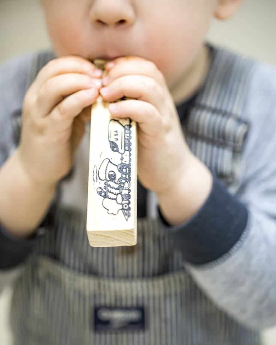 Closeup of boy blowing train whistle