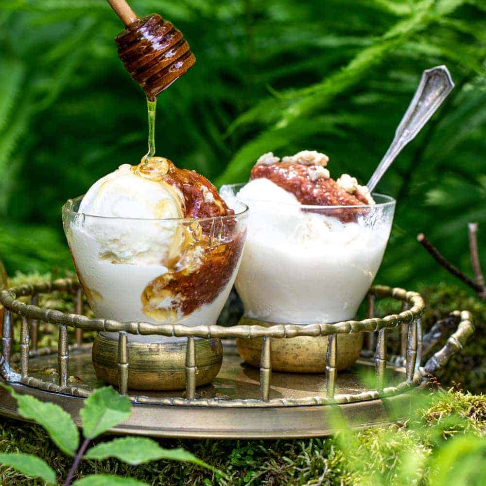 Strawberry rhubarb ice cream on Mossy Stump with Baby ferns spring outside food and Lifestyle Photographer -Jena Carlin