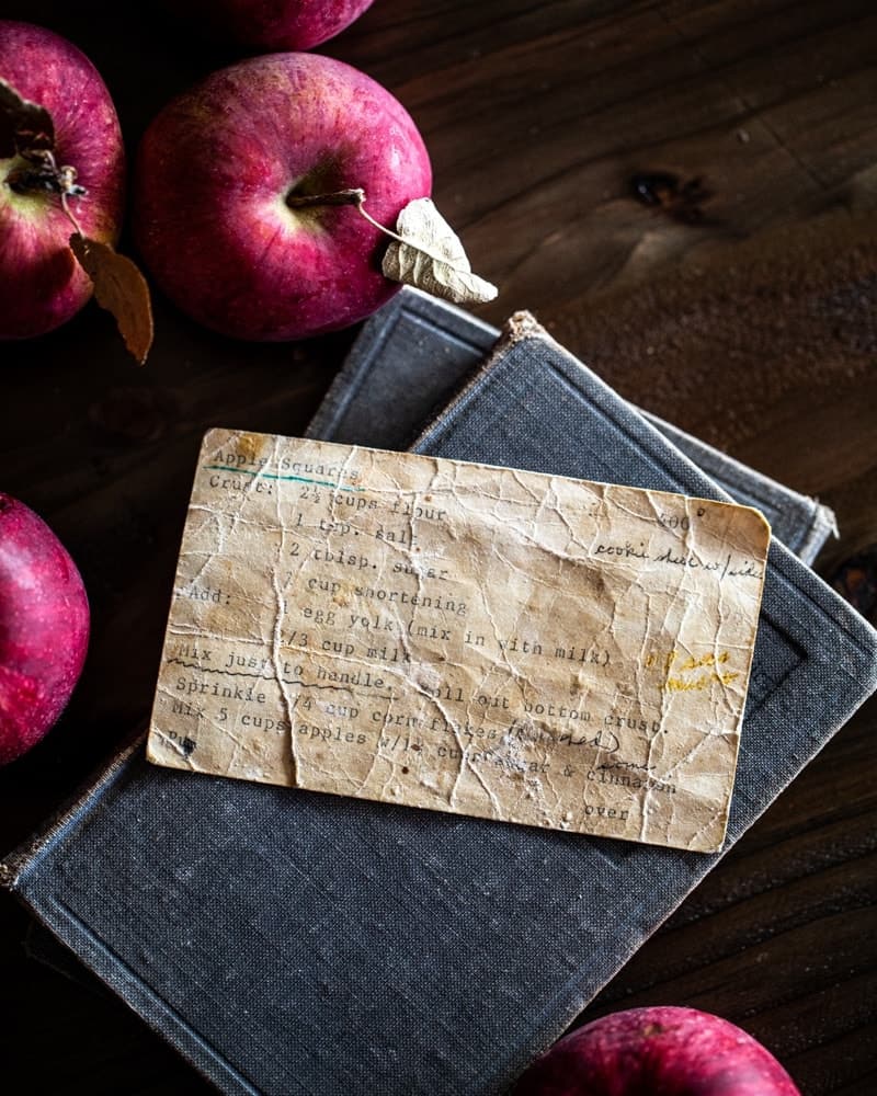 Old recipe card still life with apples