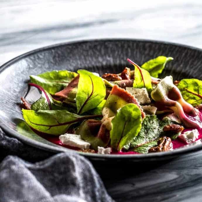 triple beet soup in a gray bowl