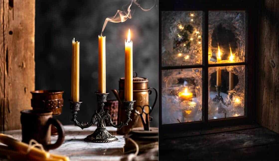 candles in candelabra with flame and smoke