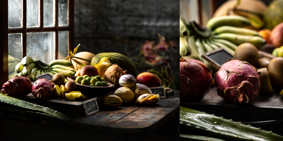 diptych of tropical fruit food photography with window and close up on pomegranate 