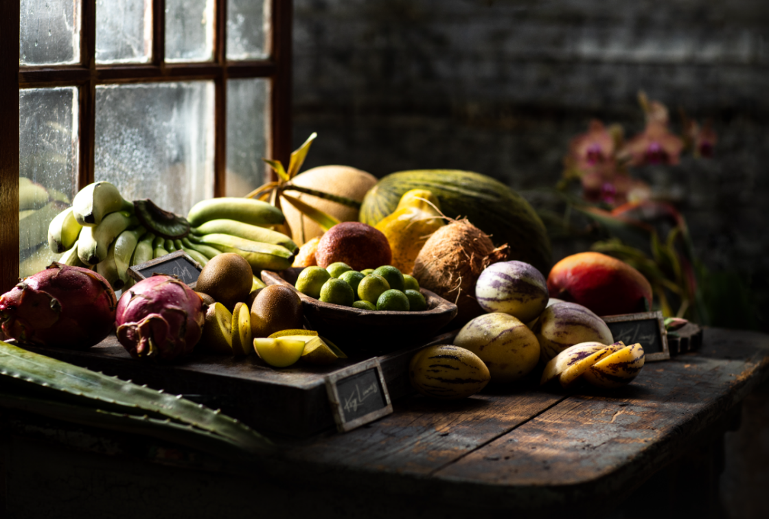 diptych of tropical fruit food photography with window