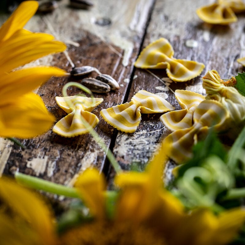sunflowers and striped bowtie pasta on a wooden surface with many layers of color and texture