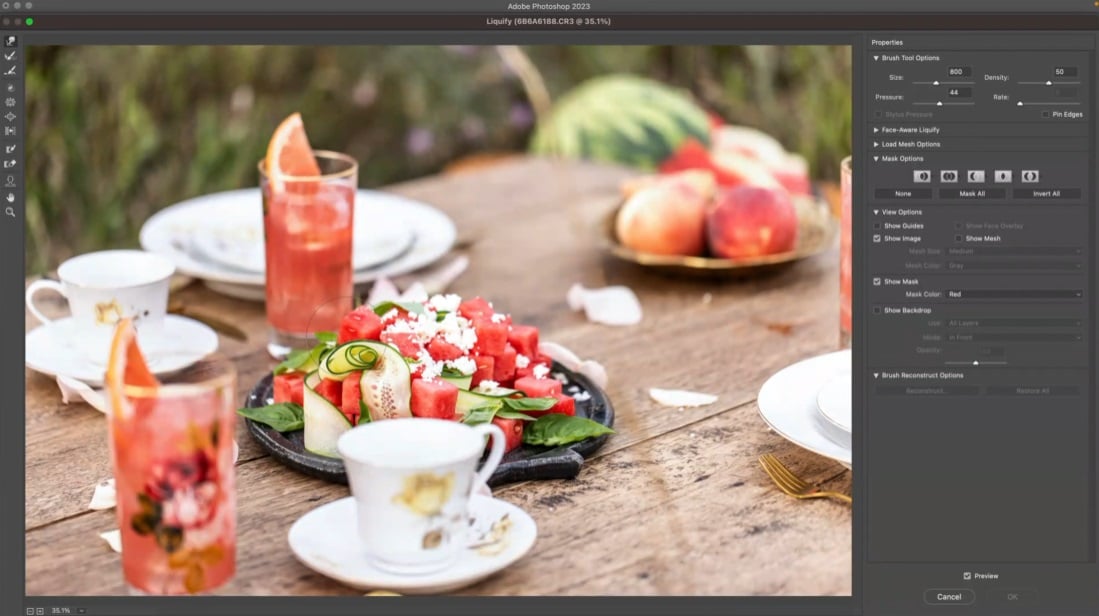 screenshot of cucumber and watermelon salad showing how to use liquify in Photoshop