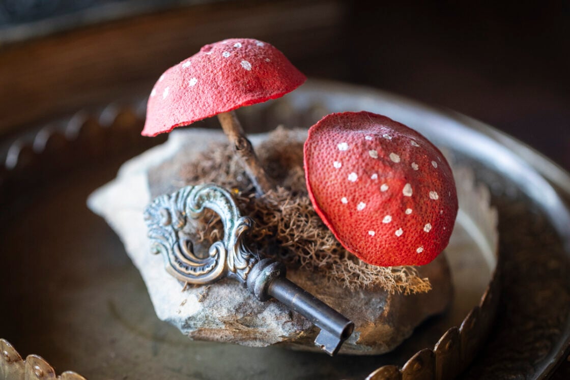 close up of red polka-dot mushroom craft - Curved dried orange peel shaped into mushroom caps